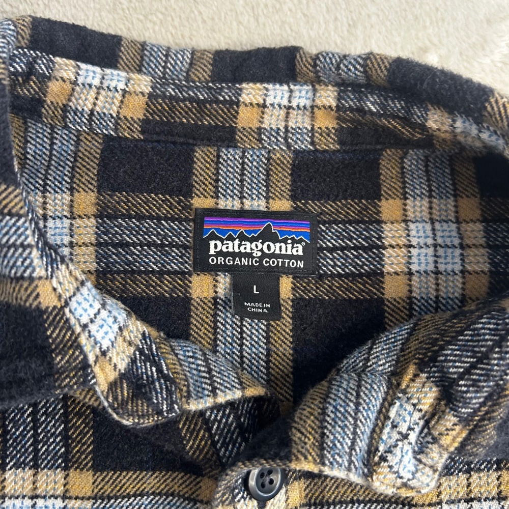 Patagonia Flannel Shirt Mens L Black Tan Cream Plaid Organic Cotton Fjord LS‎ - Picture 5 of 7